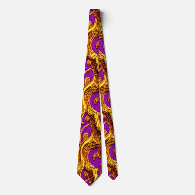 Baroque Rococo Golden Purple Filagree Design Neck Tie (Front)