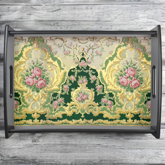 Baroque Rococo Pink Roses Gold Wedding / Spa Serving Tray (Baroque Rococo Pink Roses Gold Wedding Dinner Serving Tray Wood Background)