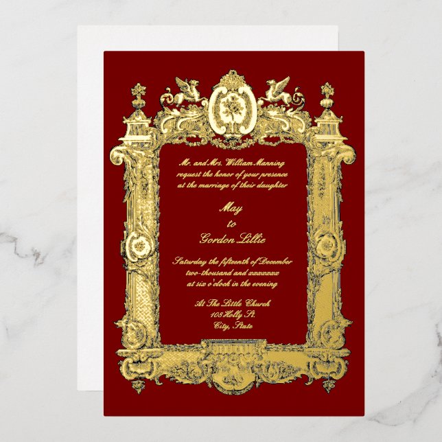Baroque Rococo Rocaille Griffins Frame Wedding Foil Invitation (Front/Back)