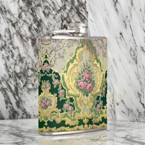 Baroque Rococo Stylish Pink Roses Gold Liquor Flask