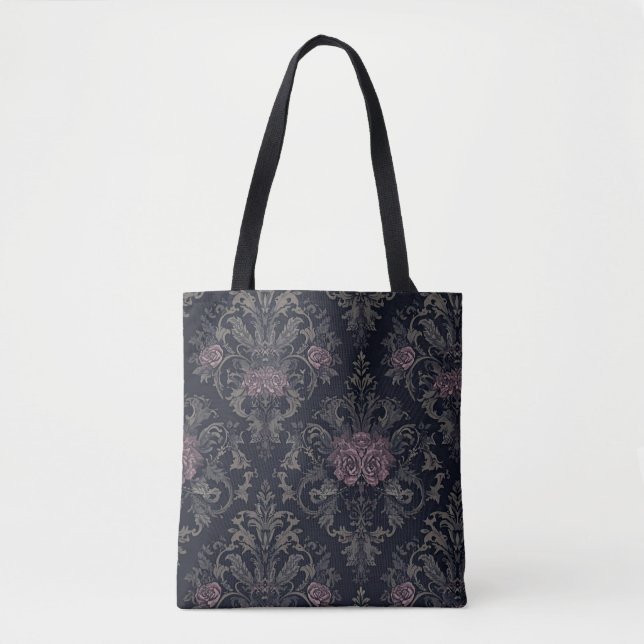 Baroque Rose Moth Tote – Gothic Floral Damask Bag (Front)