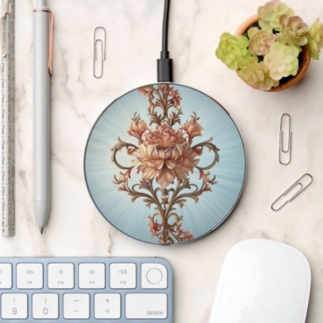 Baroque Rose  Wireless Charger (Phone charger 3.94" D, 0.314" H  48" Micro-B USB to USB-A cable 10W output. 
)