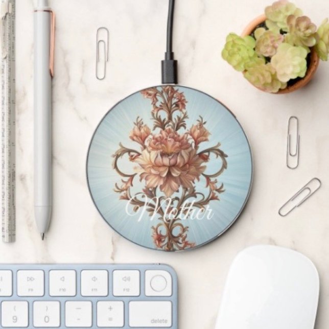 Baroque Rose  Wireless Charger (Phone charger 3.94" D, 0.314" H  48" Micro-B USB to USB-A cable 10W output. 
)