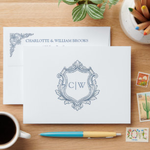 Baroque Shield Crest Dusty Blue Wedding Addressed Envelope