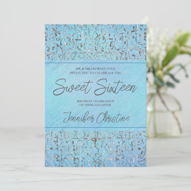Baroque Silver And Blue Quinceanera Invitation (Standing Front)
