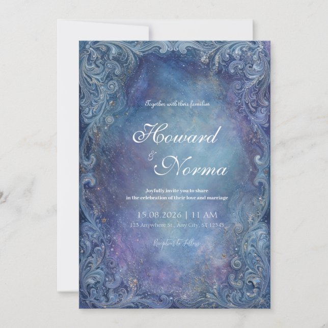 Baroque Silver Celestial Blue Nebula Wedding Invitation (Front)