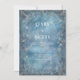 Baroque Silver Gold Celestial Blue Winter Wedding Invitation