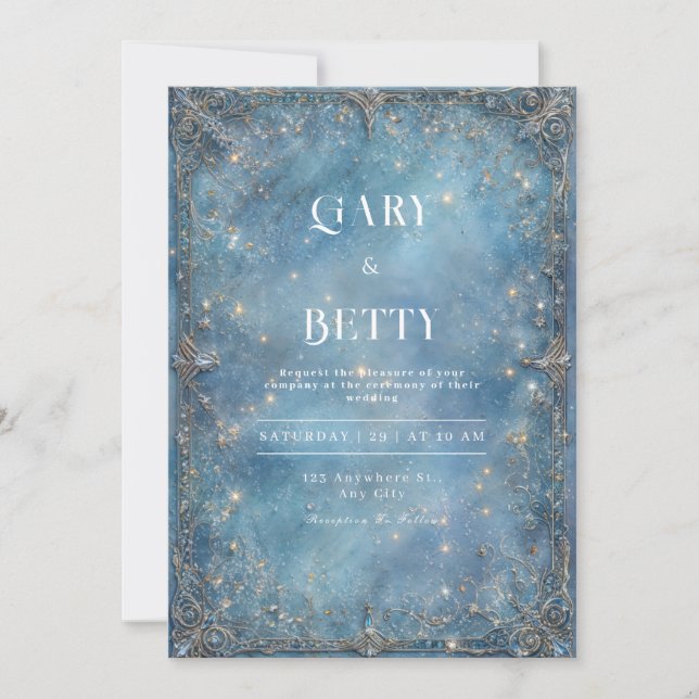 Baroque Silver Gold Celestial Blue Winter Wedding Invitation (Front)