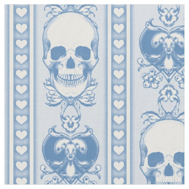 Baroque Skull Stripe Pattern Blue Fabric (Close Up)