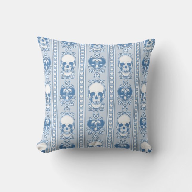 Baroque Skull Stripe Pattern Blue Throw Pillow (Front)