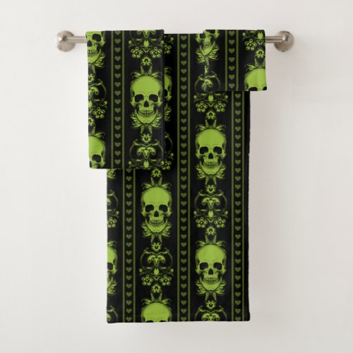Baroque Skull Stripe Pattern Green Bath Towel Set