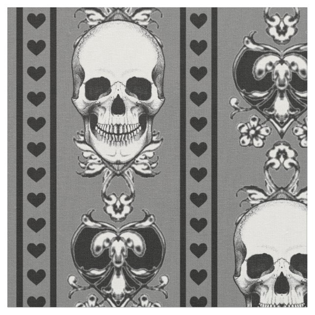 Baroque Skull Stripe Pattern Grey Fabric (Close Up)