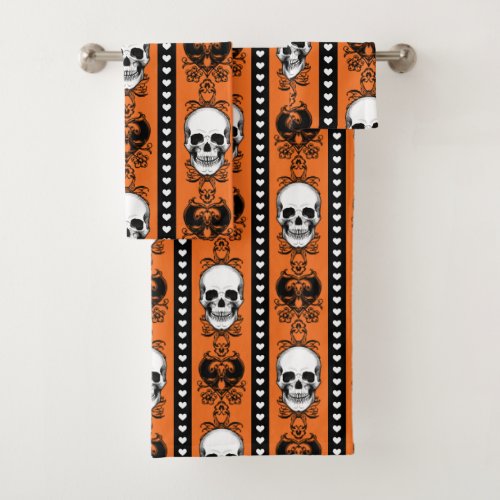 Baroque Skull Stripe Pattern Orange Black Bath Towel Set