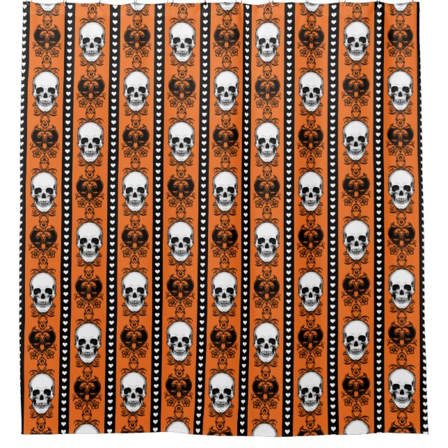 Baroque Skull Stripe Pattern Orange Black Shower Curtain (Front)