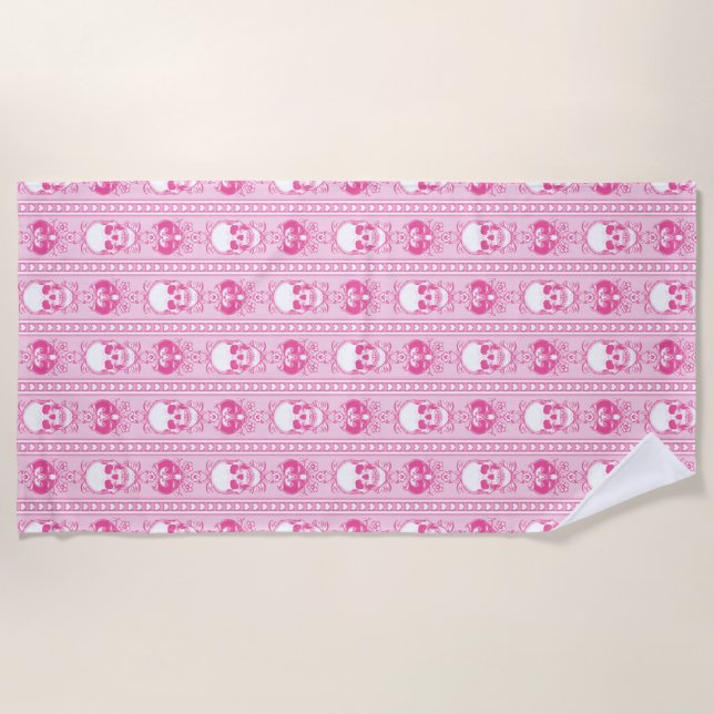 Baroque Skull Stripe Pattern Pink Beach Towel (Front)