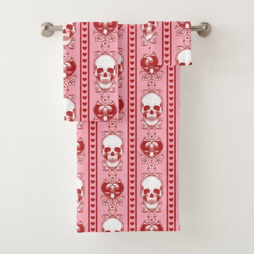 Baroque Skull Stripe Pattern Pink Red Bath Towel Set