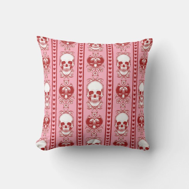 Baroque Skull Stripe Pattern Pink Red Throw Pillow (Front)