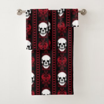 Baroque Skull Stripe Pattern Red Bath Towel Set by opheliasart at Zazzle
