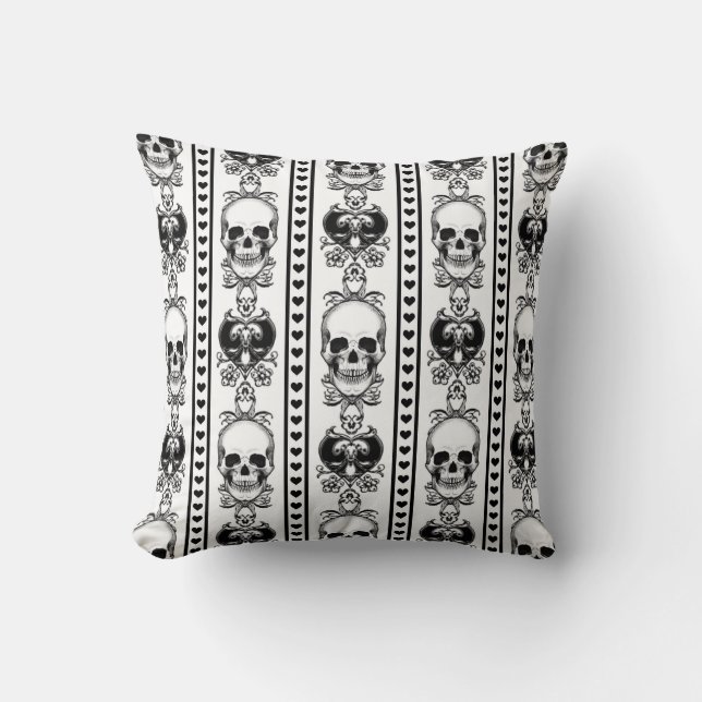 Baroque Skull Stripe Pattern White Throw Pillow (Front)