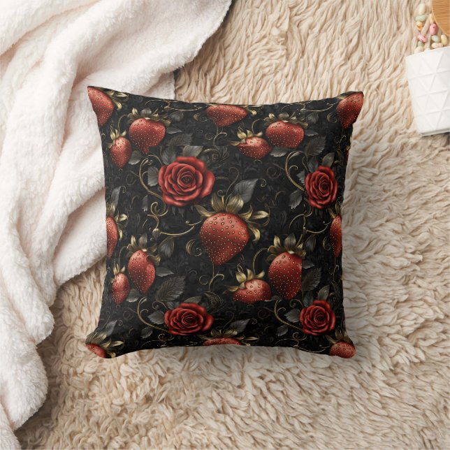 Baroque Strawberries and Roses Seamless Pattern Throw Pillow (Blanket)