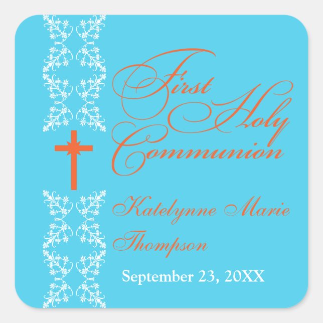 Baroque Strip Cyan First Holy Communion Square Sticker (Front)