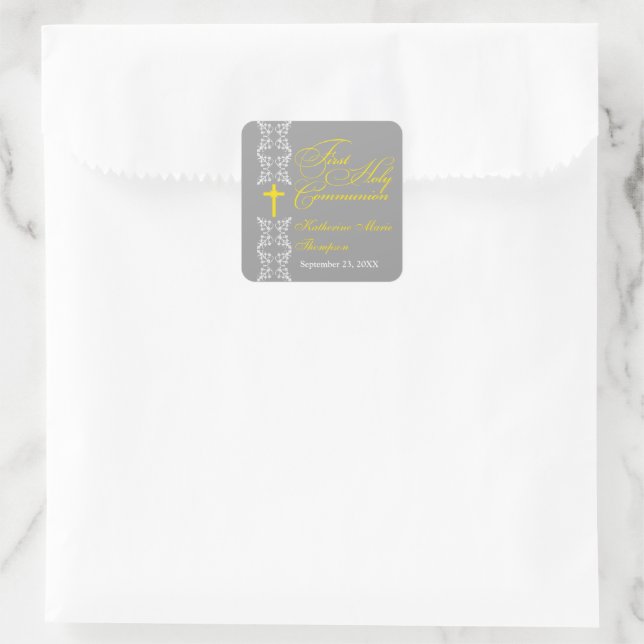 Baroque  Strip Gray First Holy Communion Square Sticker (Bag)