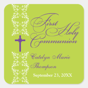 Baroque Strip Lime First Holy Communion Square Sticker