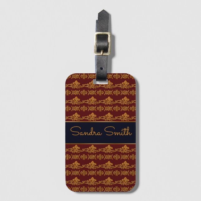 Baroque style burgundy floral pattern luggage tag (Front Vertical)