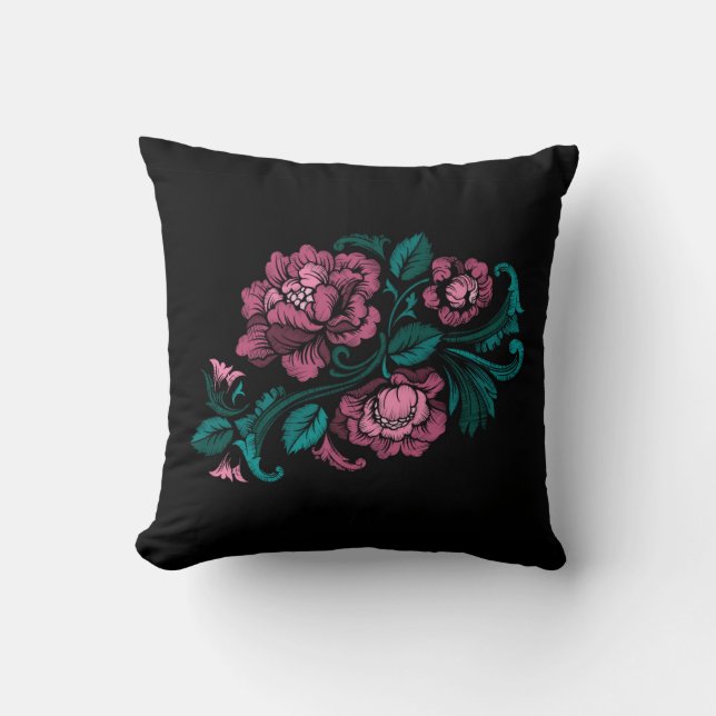 Baroque-Style Embroidery Pink Teal Floral Black Throw Pillow (Front)