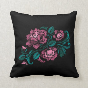 Baroque-Style Embroidery Pink Teal Floral Black Throw Pillow