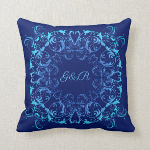 baroque style floral navy pattern. Monogram. Throw Pillow