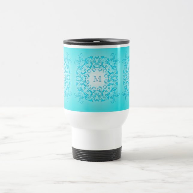 Baroque style turquoise gradient texture. travel mug (Center)