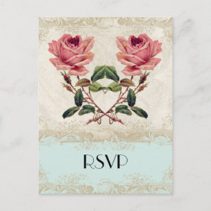 Baroque Style Vintage Rose Aqua n Cream Lace Invitation Postcard