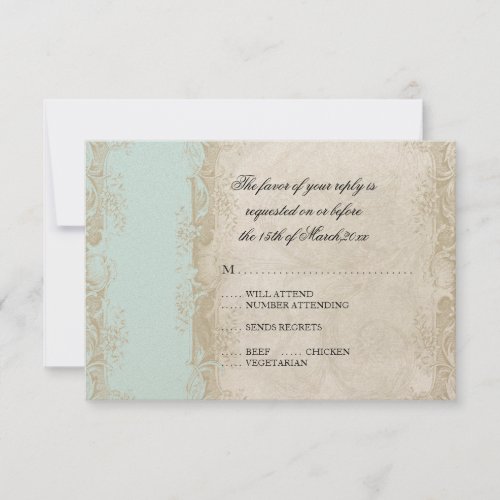 Baroque Style Vintage Rose Aqua n Cream Lace RSVP Card