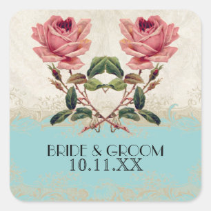 Baroque Style Vintage Rose Aqua n Cream Lace Square Sticker