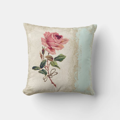 Baroque Style Vintage Rose Aqua n Cream Lace Throw Pillow