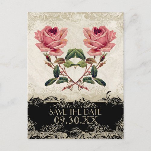 Baroque Style Vintage Rose Black n Cream Lace Announcement Postcard