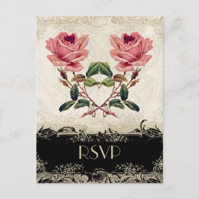 Baroque Style Vintage Rose Black n Cream Lace Invitation Postcard (Front)