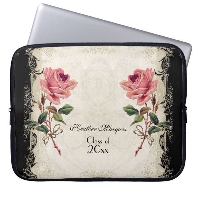 Baroque Style Vintage Rose Black n Cream Lace Laptop Sleeve (Front)