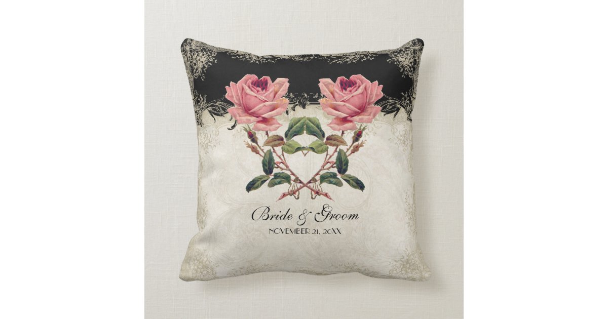 Baroque Style Vintage Rose Black N Cream Lace Throw Pillow