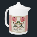 Baroque Style Vintage Rose Lace Teapot<br><div class="desc">COLOR PALETTE: rose, cream, tan, pink, red, green and brown. DESIGN COLLECTION: This is a matching Floral custom personalized tea pot template with bride and groom's names and wedding date which coordinates with the wedding invitation suite of the same name. This artwork is a mix of brand new watercolors by...</div>