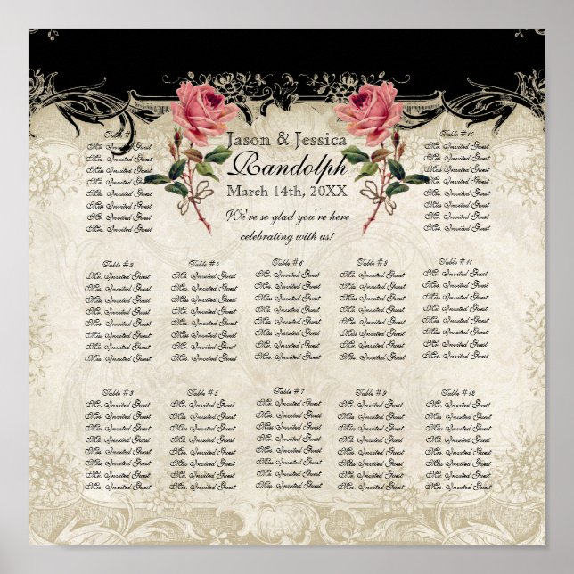 Baroque Style Vintage Rose Reception Seating Chart (Front)