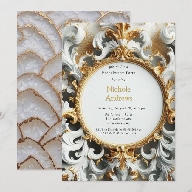 Baroque Style White Gold Bachelorette Party Invitation (Front/Back)