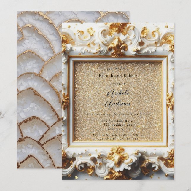 Baroque Style White Gold Brunch and Bubbly Invitation (Front/Back)