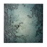 Baroque Swirls Tile<br><div class="desc">Richly-textured design featuring layers of ornate engraved swirls on a deep blue shaded distressed damask background.</div>