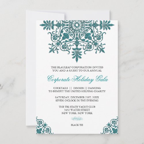 Baroque Turquoise Glitter Look Holiday Party Invitation