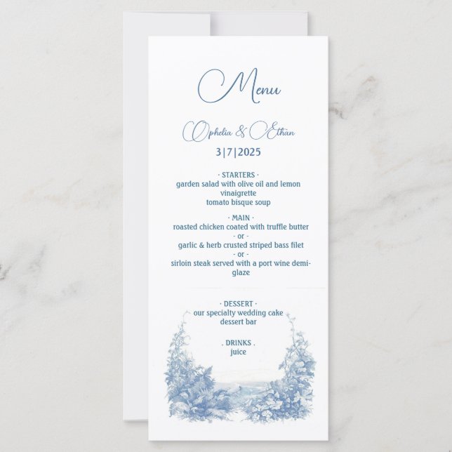 Baroque Typography Dusty Blue wedding party Menu (Front)
