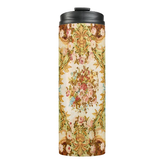 Baroque Victorian floral rose tapestry pink green Thermal Tumbler (Front)