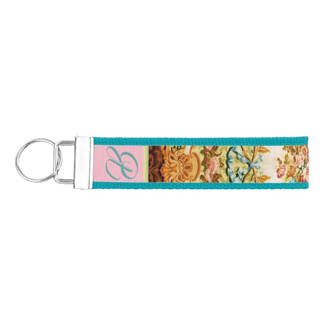 Baroque Victorian floral tapestry brown pink green Wrist Keychain (Keys on Left)