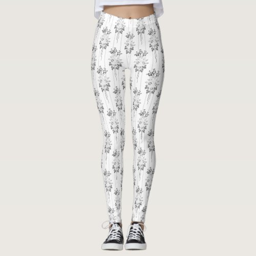 Baroque Wallpaper Flower bouquet grey Leggings